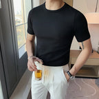 Top de verão masculino fino ajuste camiseta 2021 malha manga curta cor sólida camisola pulôver t camisa magro malha camisetas topo homme