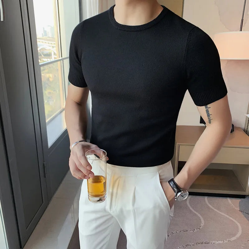 Top de verão masculino fino ajuste camiseta 2021 malha manga curta cor sólida camisola pulôver t camisa magro malha camisetas topo homme