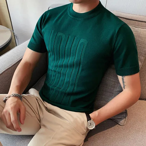Camiseta de malha de manga curta masculina, listra com decote em O, camiseta justa, monocromática de alta qualidade, roupas masculinas, estilo britânico, moda verão, 6 cores