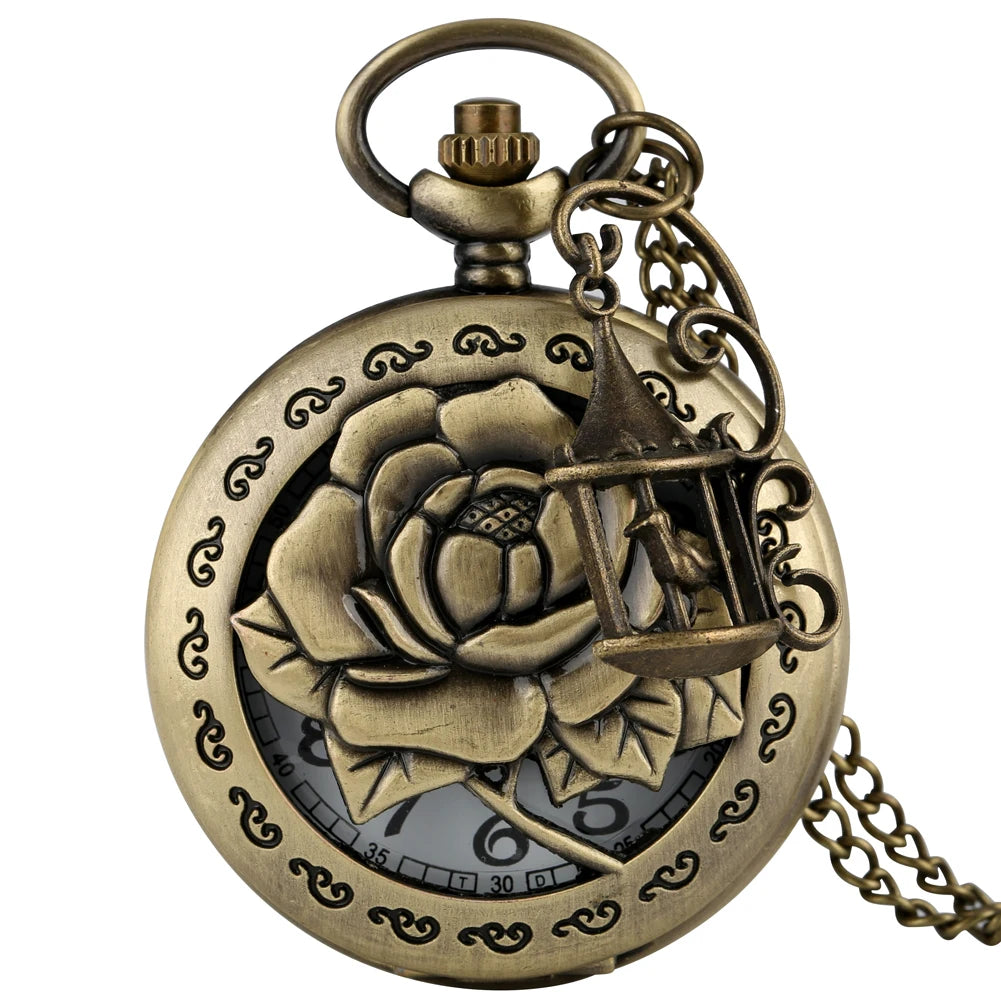 Dois pequenos pássaros estilo retro relógio de bolso de quartzo corrente steampunk colar pingente fob relógio animal com gaiola acessório