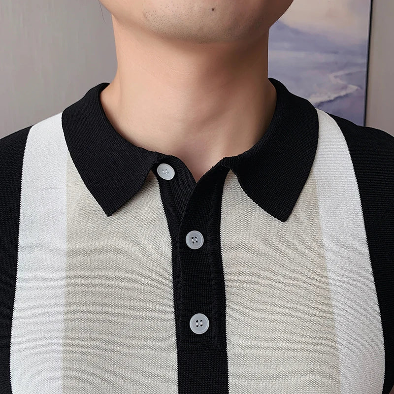 Estilo britânico verão moda cor combinando manga curta camisa polo dos homens de alta qualidade malha magro ajuste lapela botão t camisa superior