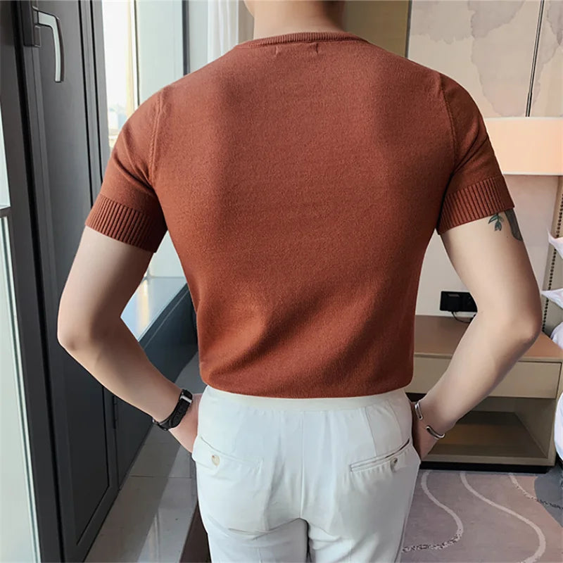 Top de verão masculino fino ajuste camiseta 2021 malha manga curta cor sólida camisola pulôver t camisa magro malha camisetas topo homme