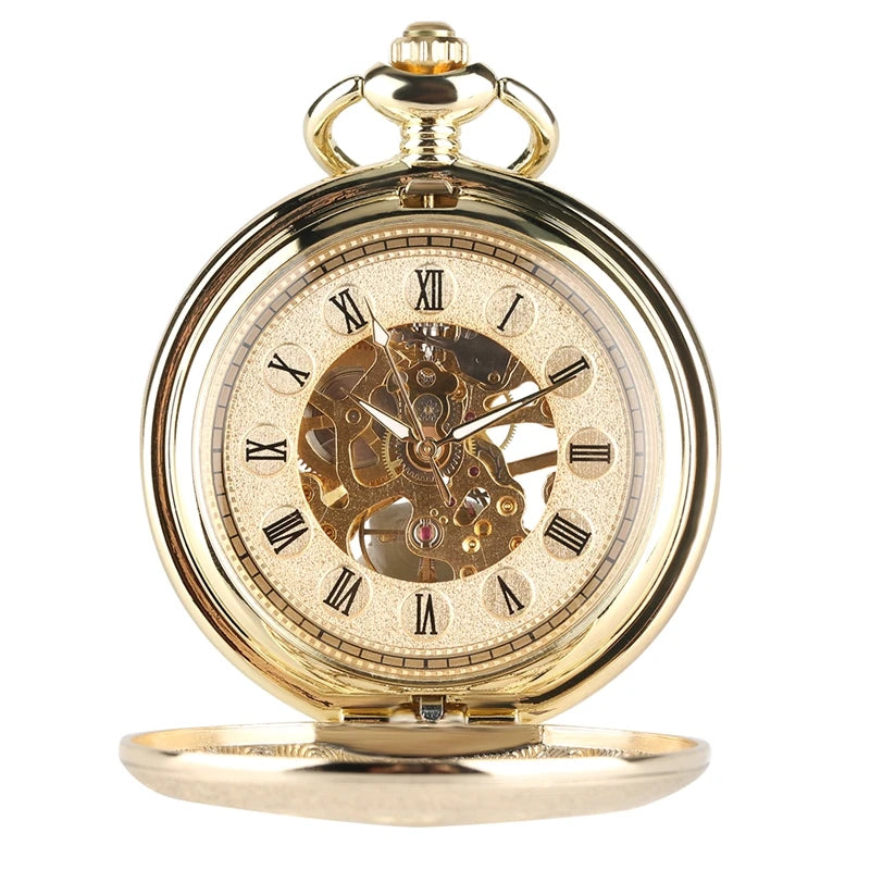 Ouro de luxo relógio de bolso mecânico oco esqueleto mão enrolamento pingente de aço inoxidável relógio de corrente de jóias para homens