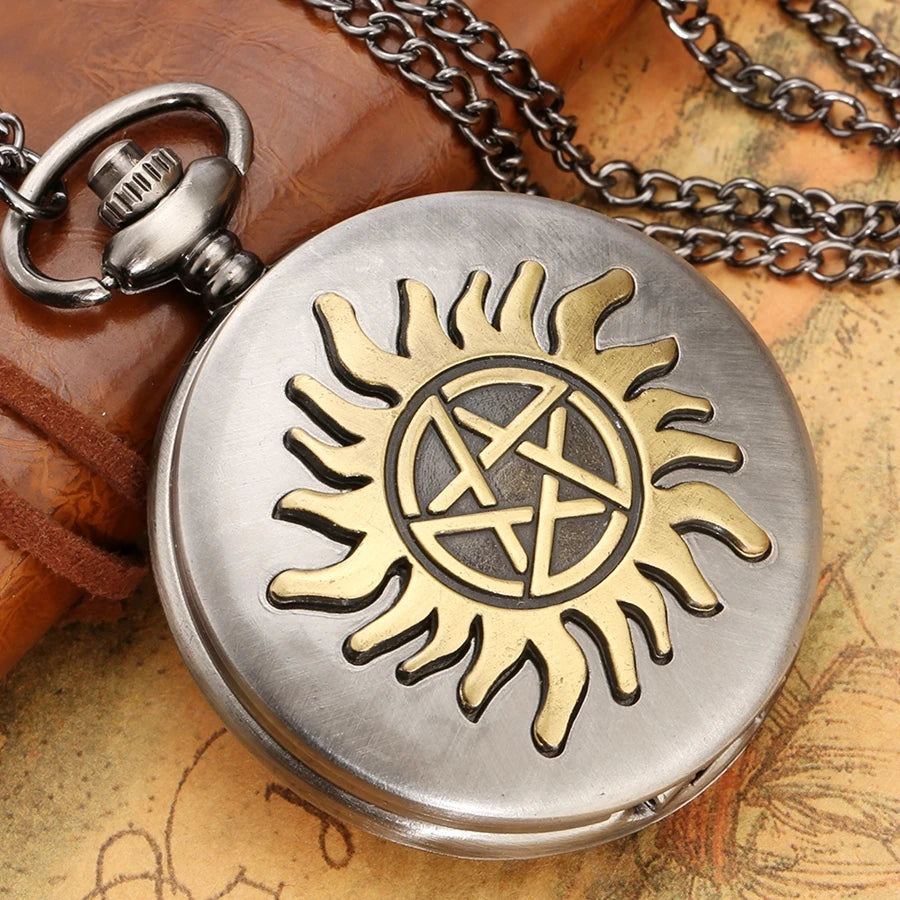 Relógio de bolso de quartzo retrô para homens e mulheres, estrela de cinco pontas, sol, flor, colar pingente, suéter corrente, presentes FOB