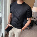 Camiseta de malha de manga curta masculina, listra com decote em O, camiseta justa, monocromática de alta qualidade, roupas masculinas, estilo britânico, moda verão, 6 cores