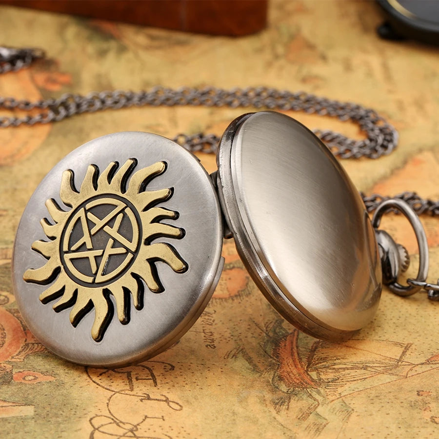 Relógio de bolso de quartzo retrô para homens e mulheres, estrela de cinco pontas, sol, flor, colar pingente, suéter corrente, presentes FOB