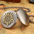 Relógio de bolso de quartzo retrô para homens e mulheres, estrela de cinco pontas, sol, flor, colar pingente, suéter corrente, presentes FOB