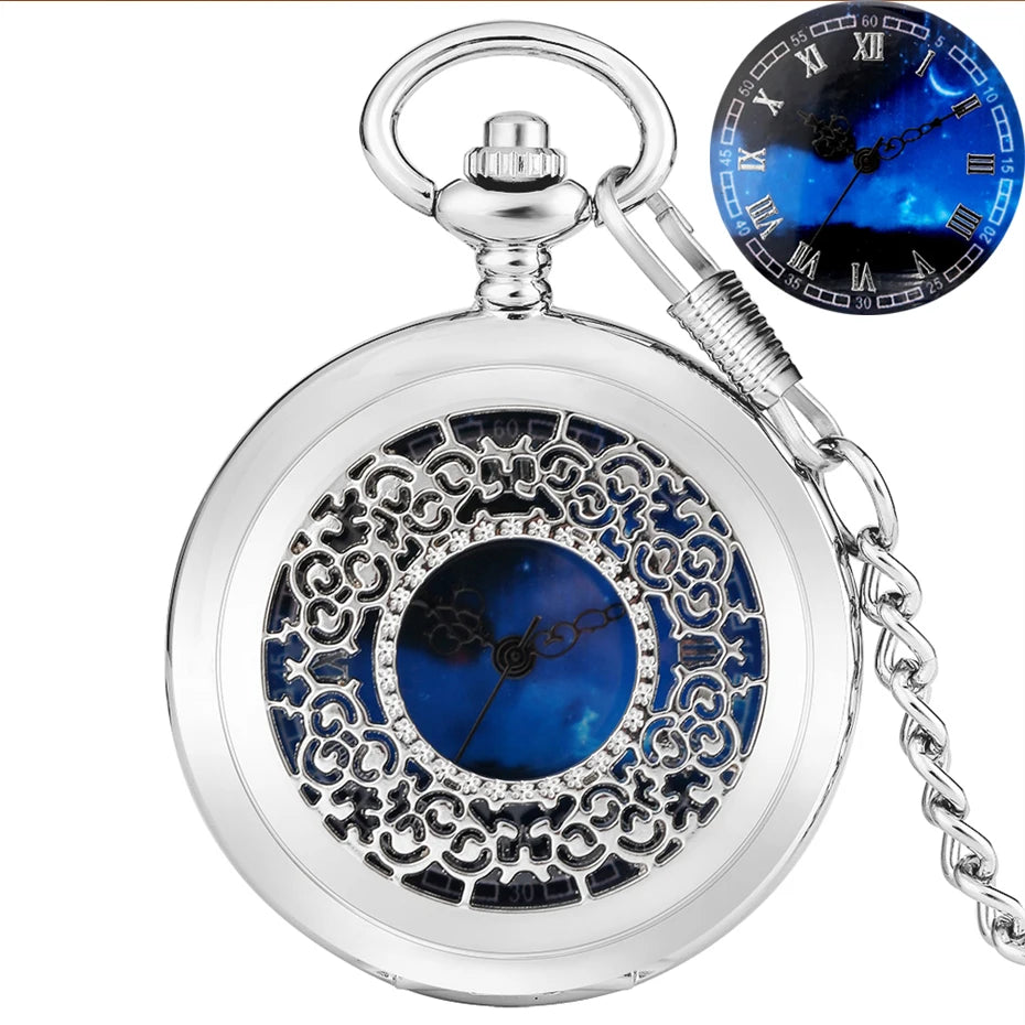 Exquise estrelado azul dial pingente bronze oco caso relógio de bolso de quartzo numerais romanos retro relógios lembrança presente para homens