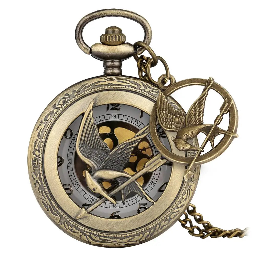Oco grande pássaro relógio de bolso de quartzo bronze pássaros colar animal cosplay pingente corrente souverirn corrente com pássaro acessório