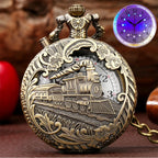 Nova luz led luminosa numerais árabes exibir trem de bronze locomotiva motor relógio de bolso de quartzo retro punk relógio de corrente de bolso