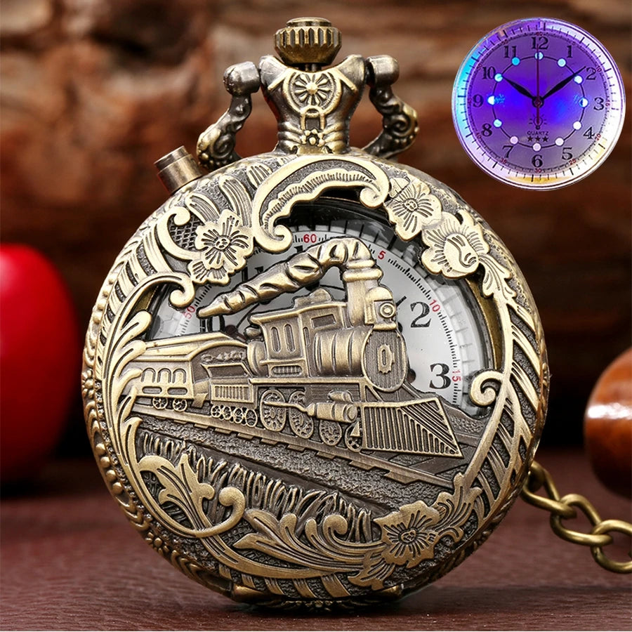 Nova luz led luminosa numerais árabes exibir trem de bronze locomotiva motor relógio de bolso de quartzo retro punk relógio de corrente de bolso