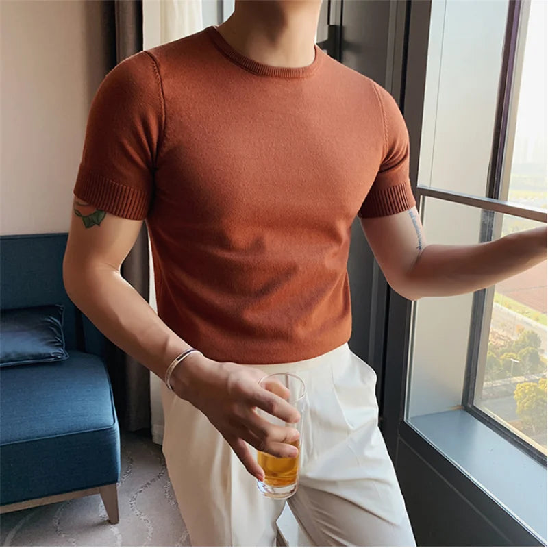 Top de verão masculino fino ajuste camiseta 2021 malha manga curta cor sólida camisola pulôver t camisa magro malha camisetas topo homme