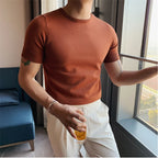 Top de verão masculino fino ajuste camiseta 2021 malha manga curta cor sólida camisola pulôver t camisa magro malha camisetas topo homme
