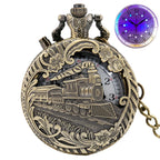 Nova luz led luminosa numerais árabes exibir trem de bronze locomotiva motor relógio de bolso de quartzo retro punk relógio de corrente de bolso
