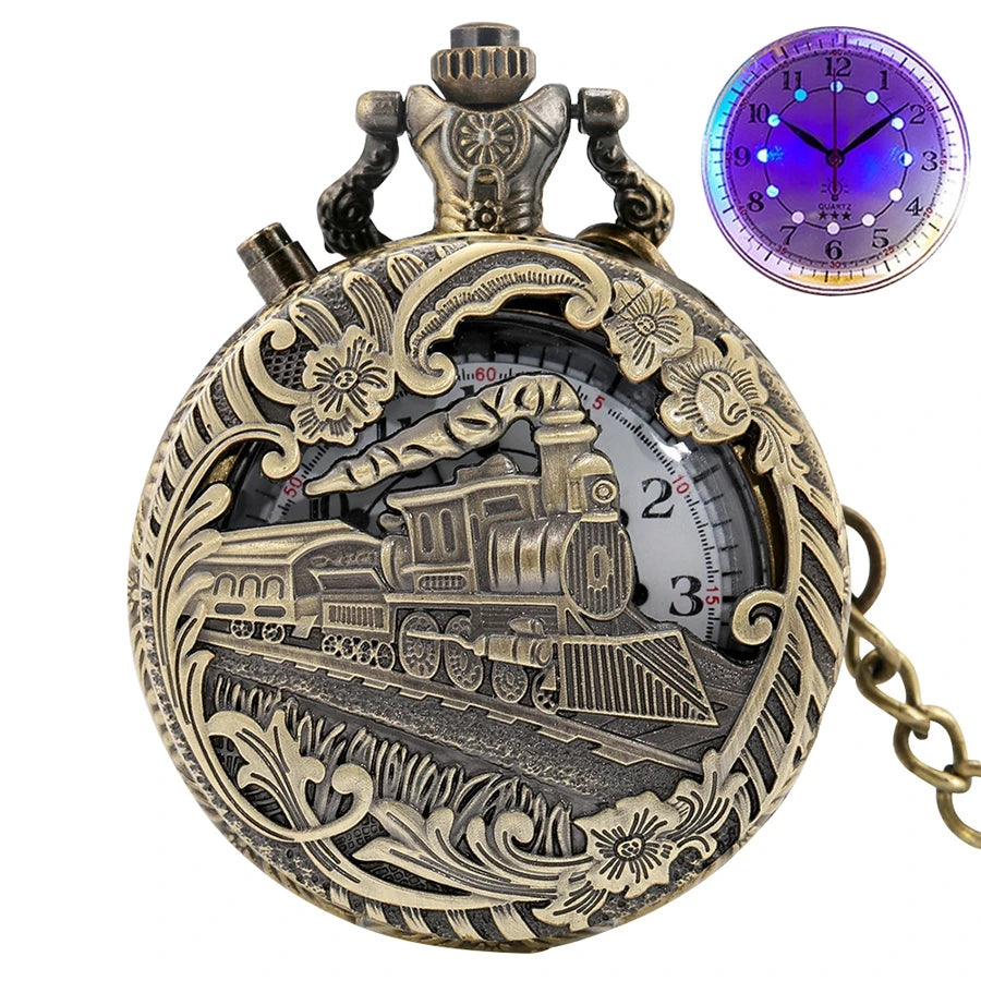 Nova luz led luminosa numerais árabes exibir trem de bronze locomotiva motor relógio de bolso de quartzo retro punk relógio de corrente de bolso