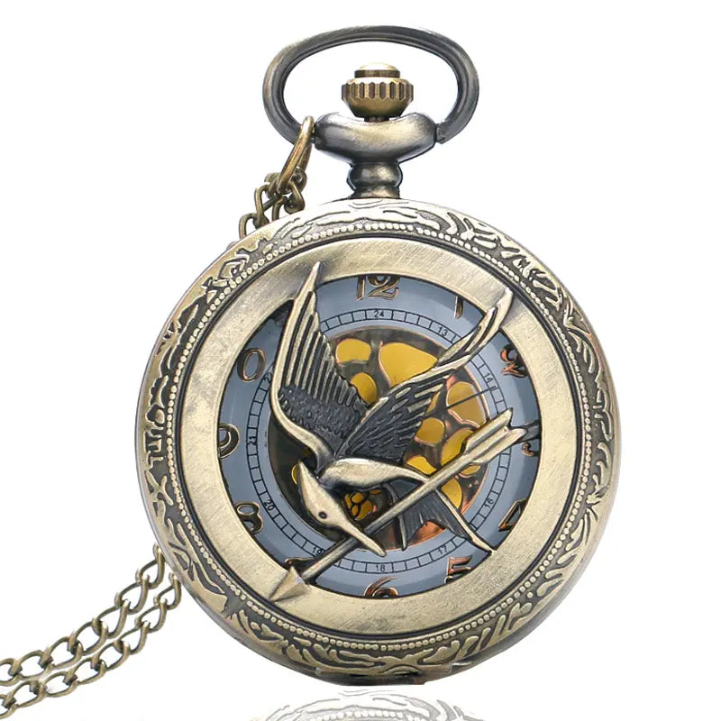 Oco grande pássaro relógio de bolso de quartzo bronze pássaros colar animal cosplay pingente corrente souverirn corrente com pássaro acessório