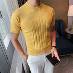 Camiseta de malha de manga curta masculina, listra com decote em O, camiseta justa, monocromática de alta qualidade, roupas masculinas, estilo britânico, moda verão, 6 cores