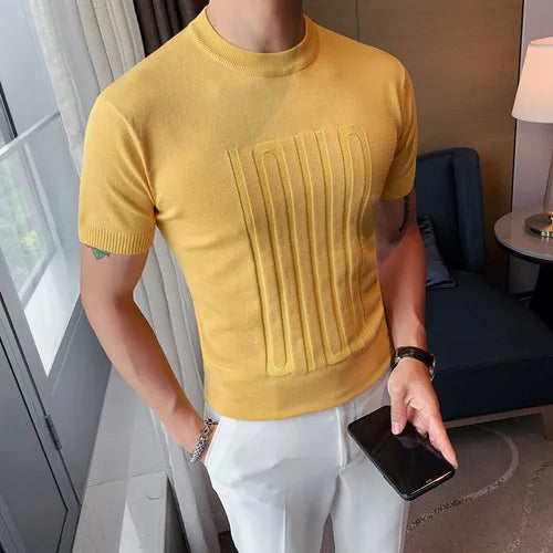 Camiseta de malha de manga curta masculina, listra com decote em O, camiseta justa, monocromática de alta qualidade, roupas masculinas, estilo britânico, moda verão, 6 cores