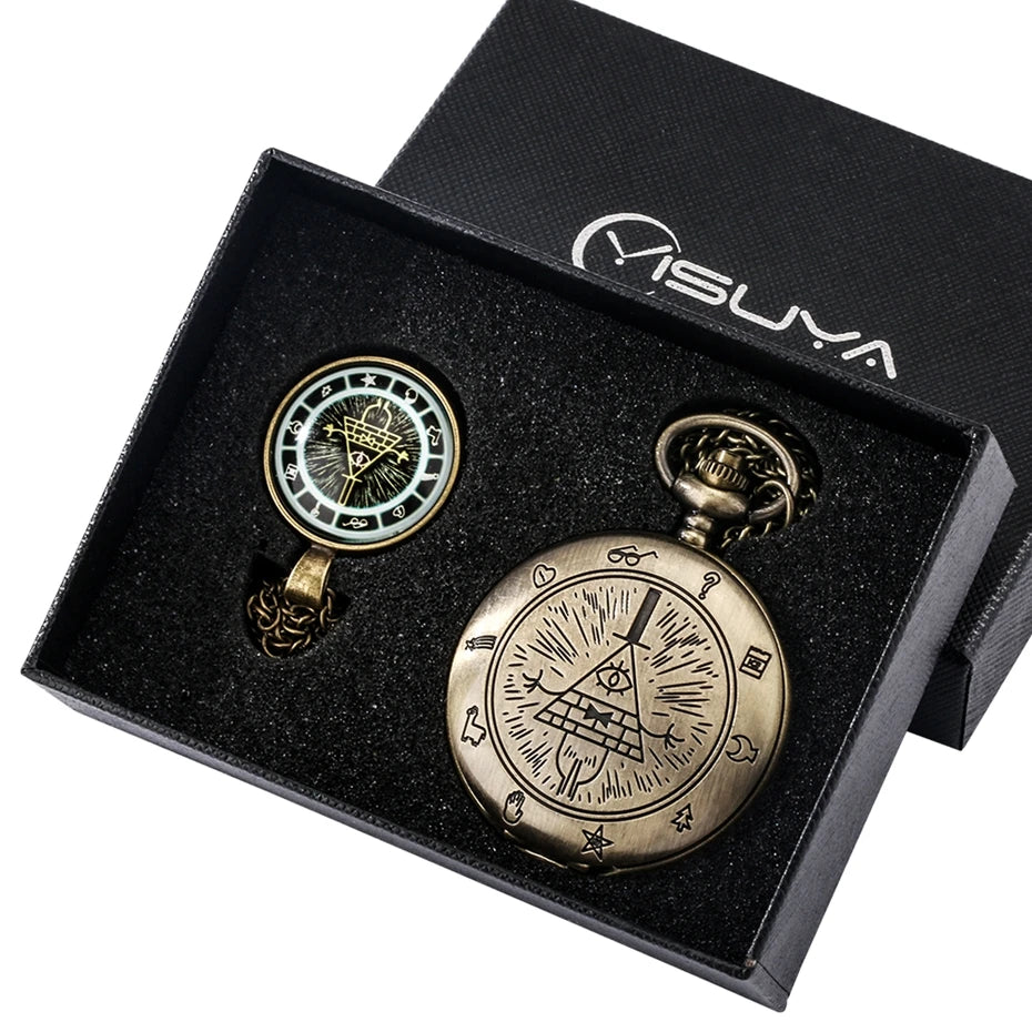Vintage antigo quartzo gravidade bill cipher queda tempo gem relógio de bolso com caixa de presente conjunto colar pingente jóias para homens