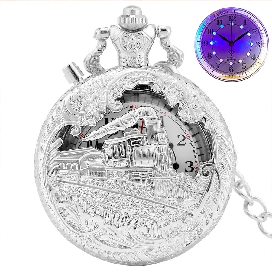 Nova luz led luminosa numerais árabes exibir trem de bronze locomotiva motor relógio de bolso de quartzo retro punk relógio de corrente de bolso