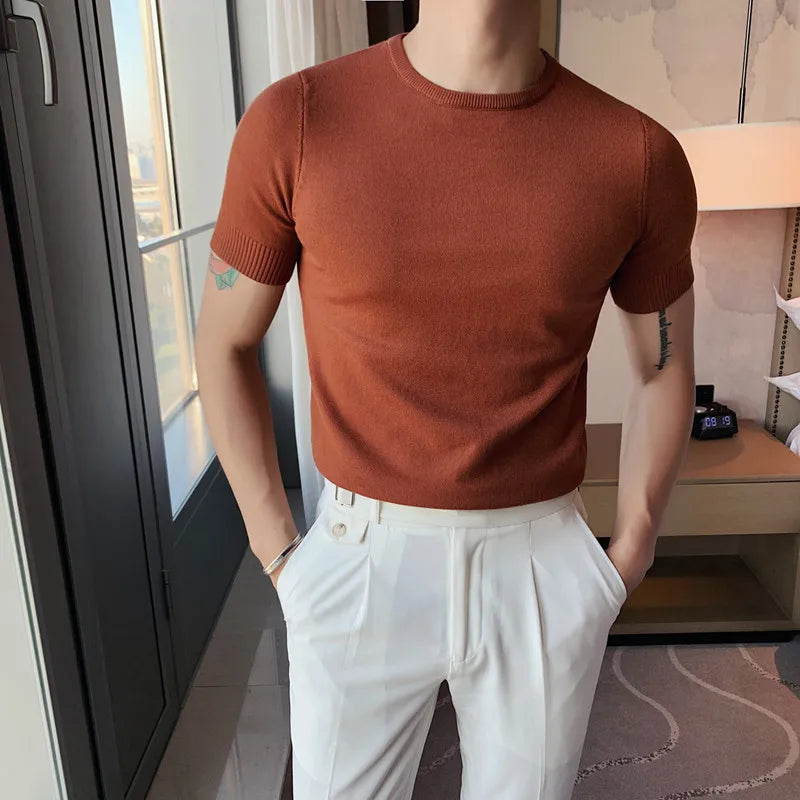 Top de verão masculino fino ajuste camiseta 2021 malha manga curta cor sólida camisola pulôver t camisa magro malha camisetas topo homme