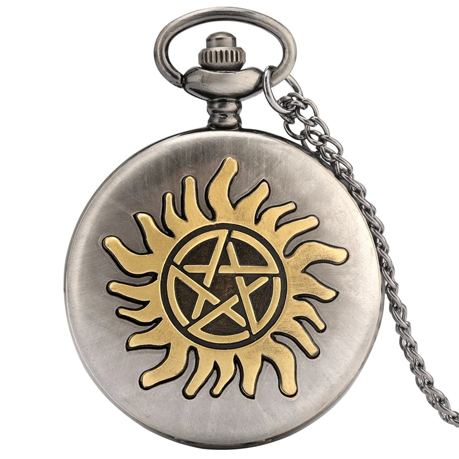 Relógio de bolso de quartzo retrô para homens e mulheres, estrela de cinco pontas, sol, flor, colar pingente, suéter corrente, presentes FOB