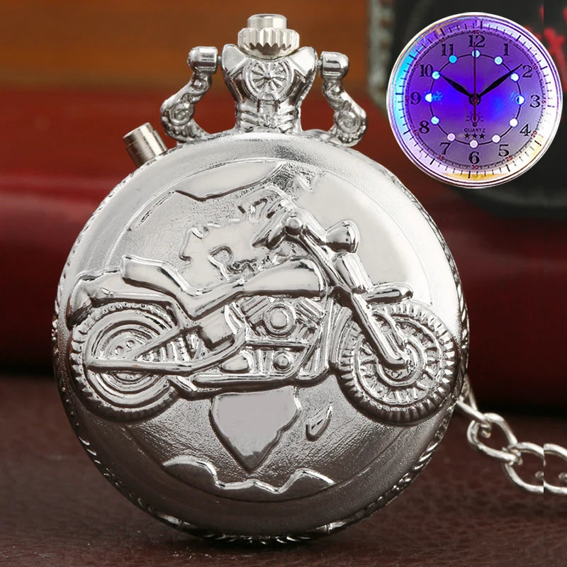 Prata motocicleta luminosa led flash moto design moda relógio de bolso de quartzo esculpida corrente relógio fob presente para homens