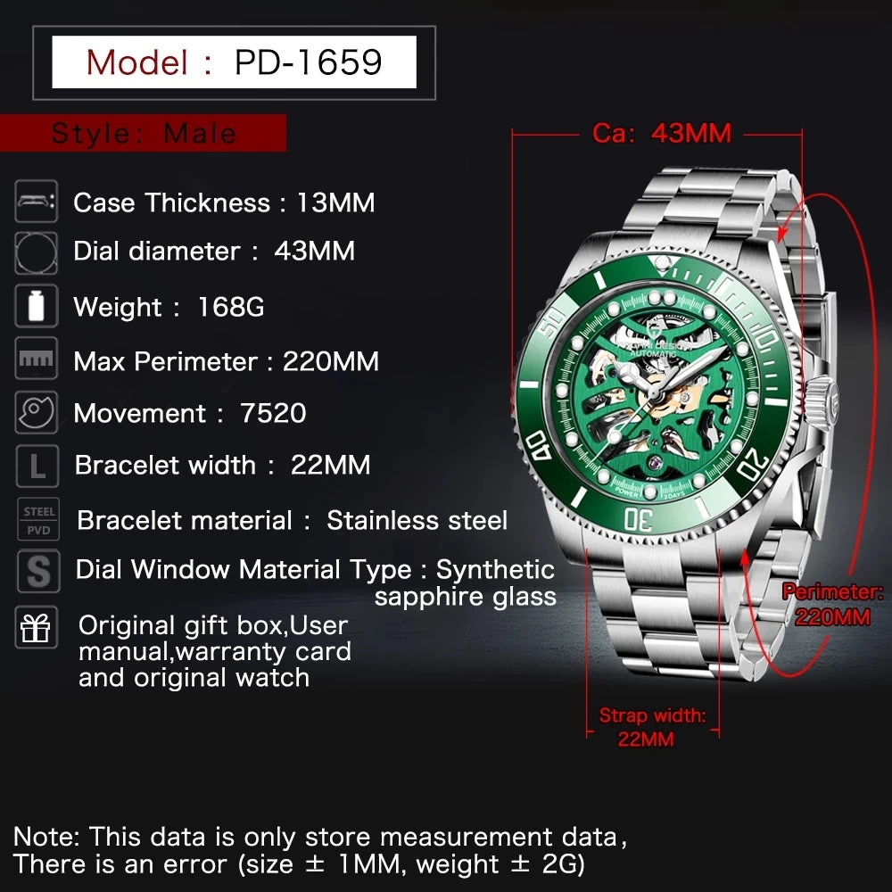 Pagani design relógio masculino de aço inoxidável à prova dwaterproof água relógio mecânico luxo vidro safira relógio automático relogio masculino
