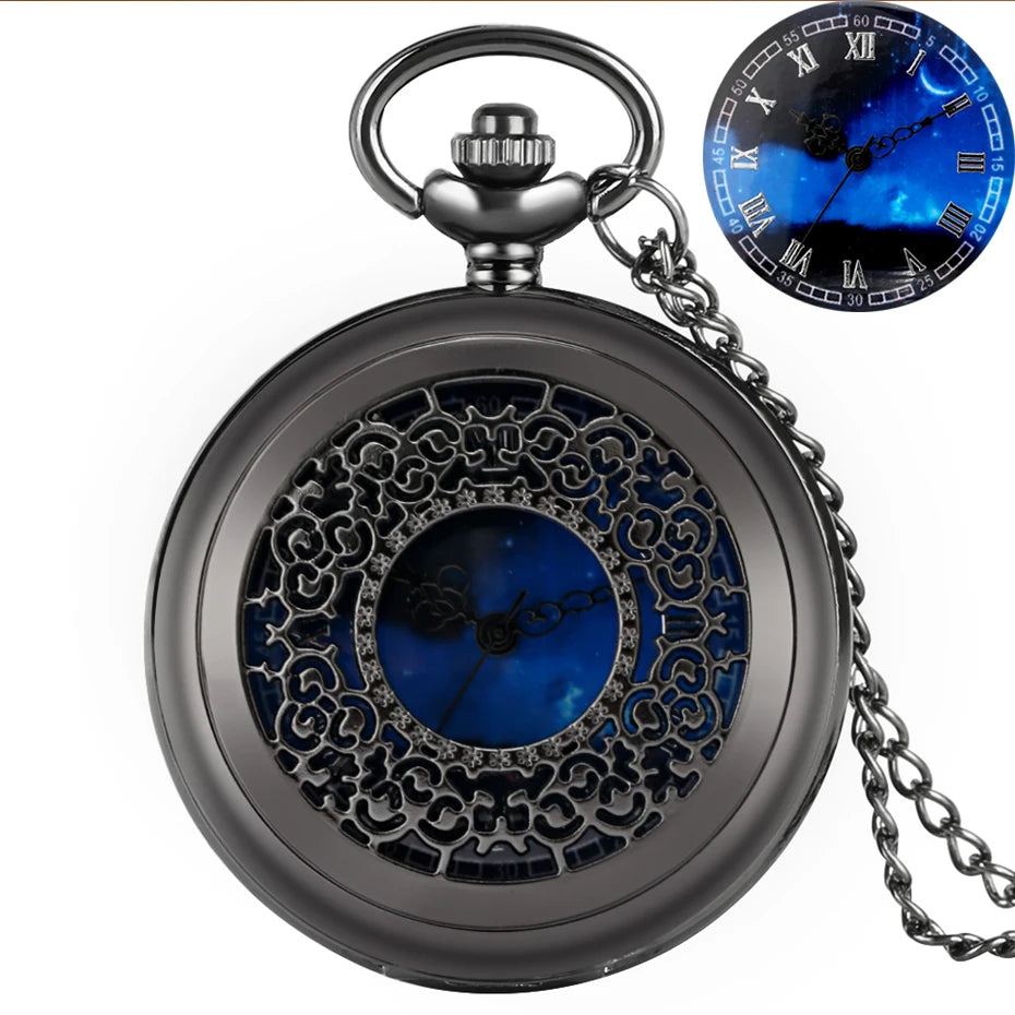 Exquise estrelado azul dial pingente bronze oco caso relógio de bolso de quartzo numerais romanos retro relógios lembrança presente para homens