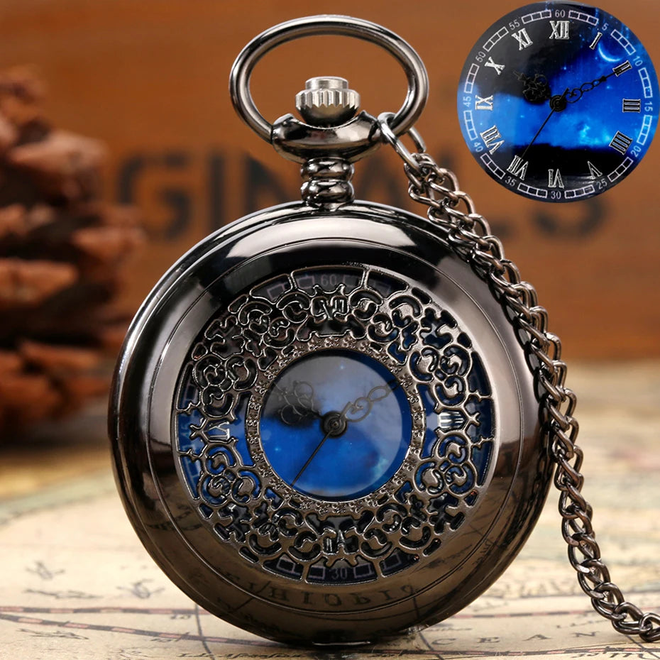 Exquise estrelado azul dial pingente bronze oco caso relógio de bolso de quartzo numerais romanos retro relógios lembrança presente para homens