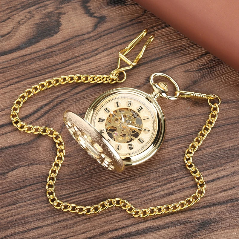 Ouro de luxo relógio de bolso mecânico oco esqueleto mão enrolamento pingente de aço inoxidável relógio de corrente de jóias para homens