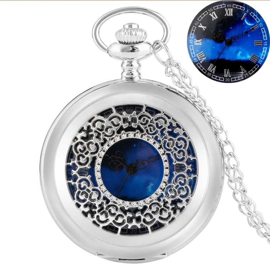 Exquise estrelado azul dial pingente bronze oco caso relógio de bolso de quartzo numerais romanos retro relógios lembrança presente para homens