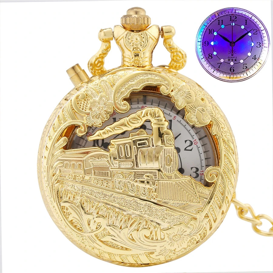 Top luxo ouro luminoso led relógio de bolso quartzo trem locomotiva motor steampunk quartzo fob luz relógio presentes para homens