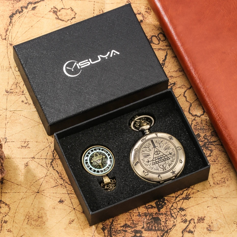 Vintage antigo quartzo gravidade bill cipher queda tempo gem relógio de bolso com caixa de presente conjunto colar pingente jóias para homens
