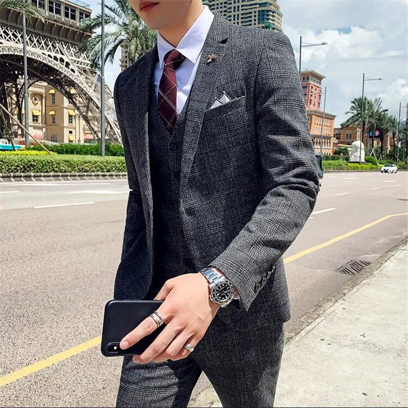 (Jaquetas + colete + calça) masculino noivo vestido de casamento xadrez ternos formais conjunto de alta qualidade moda masculina casual terno de negócios de três peças