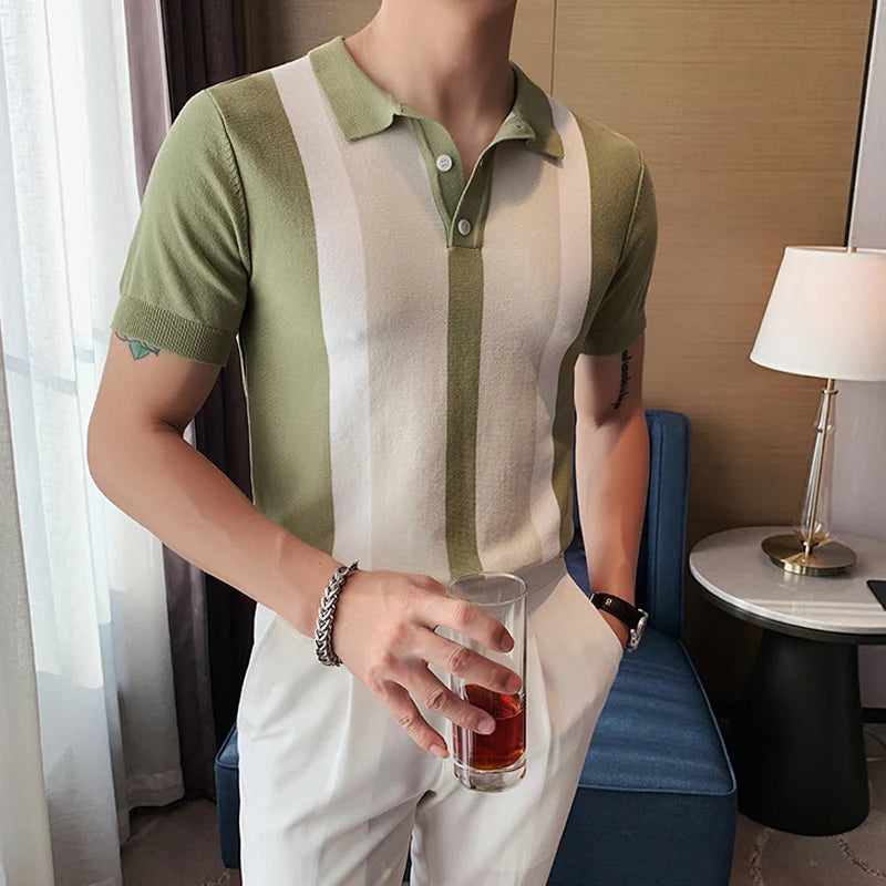Estilo britânico verão moda cor combinando manga curta camisa polo dos homens de alta qualidade malha magro ajuste lapela botão t camisa superior
