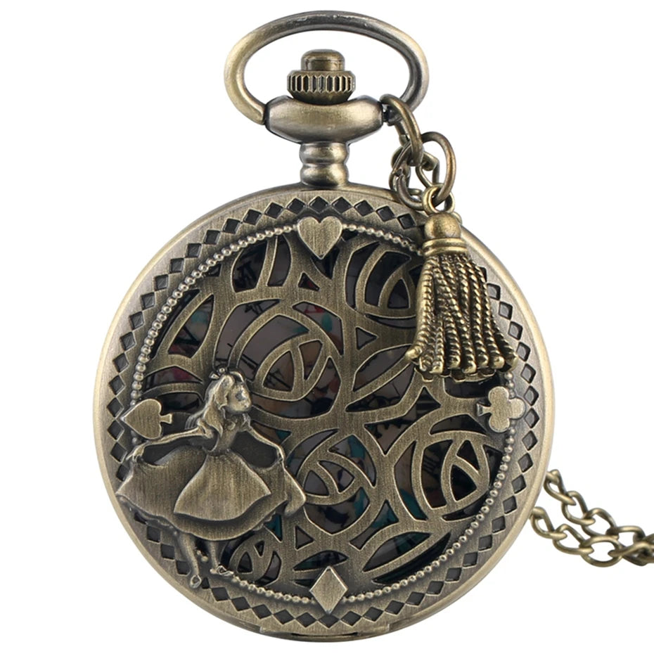 Bronze adorável princesa tema oco quartzo bolso redondo dial pingente relógios para meninas femininas com borla acessório