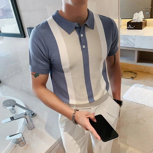 Estilo britânico verão moda cor combinando manga curta camisa polo dos homens de alta qualidade malha magro ajuste lapela botão t camisa superior