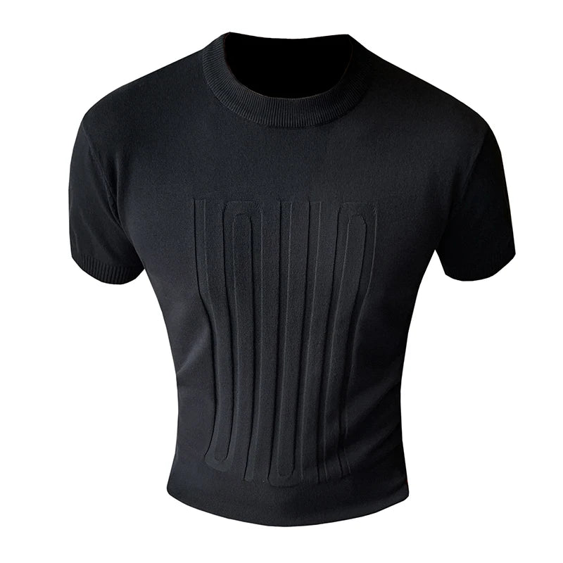 Camiseta de malha de manga curta masculina, listra com decote em O, camiseta justa, monocromática de alta qualidade, roupas masculinas, estilo britânico, moda verão, 6 cores