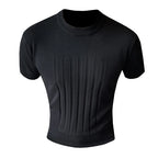 Camiseta de malha de manga curta masculina, listra com decote em O, camiseta justa, monocromática de alta qualidade, roupas masculinas, estilo britânico, moda verão, 6 cores