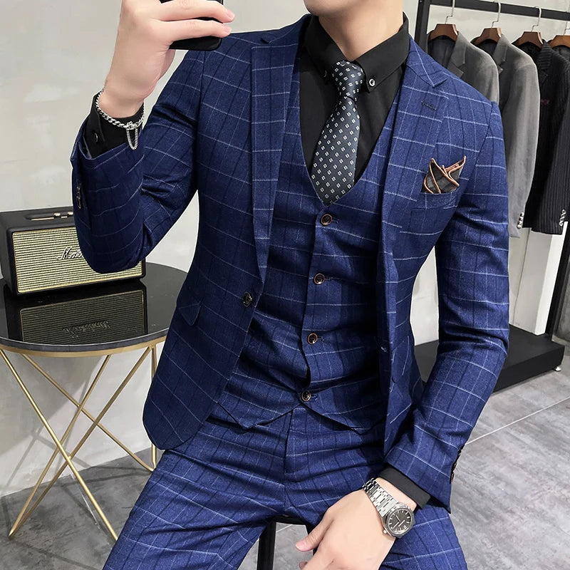 (Jaquetas + calças + colete) luxo masculino noivo casamento smoking moda xadrez ternos de negócios de alta qualidade casual terno de negócios três peças