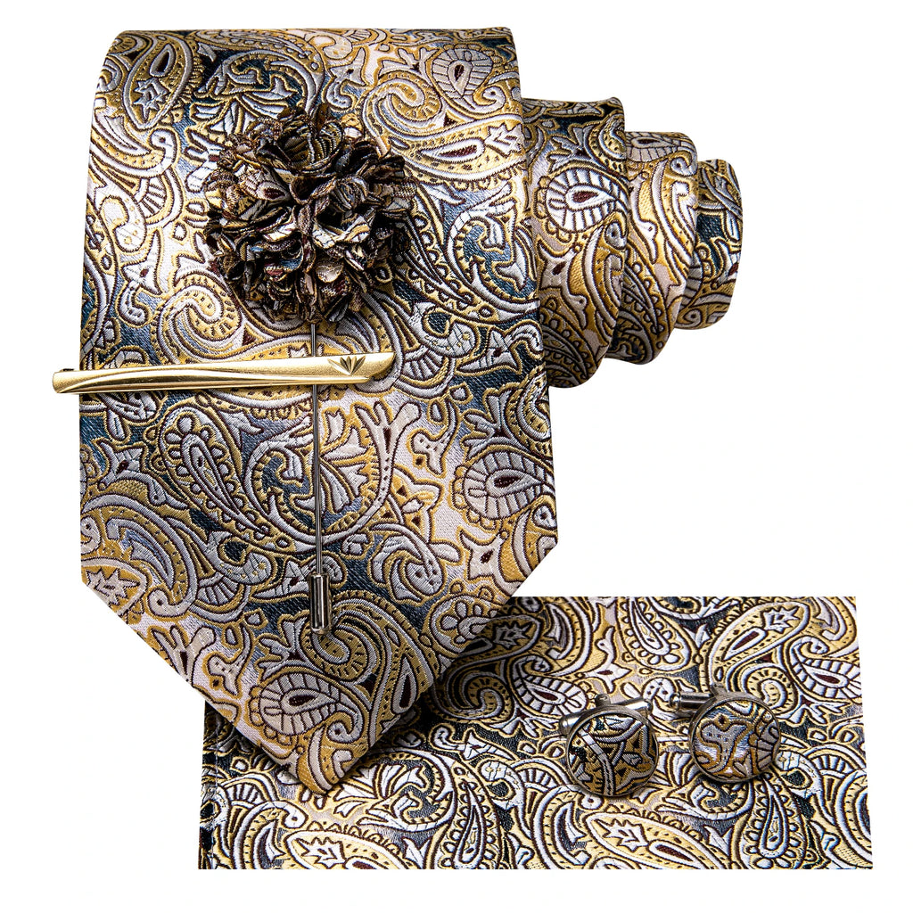 Gravata amarela marrom Paisley para homens, clipe de seda masculino, gravata de luxo, conjunto de abotoaduras, presente de casamento formal