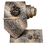 Gravata amarela marrom Paisley para homens, clipe de seda masculino, gravata de luxo, conjunto de abotoaduras, presente de casamento formal