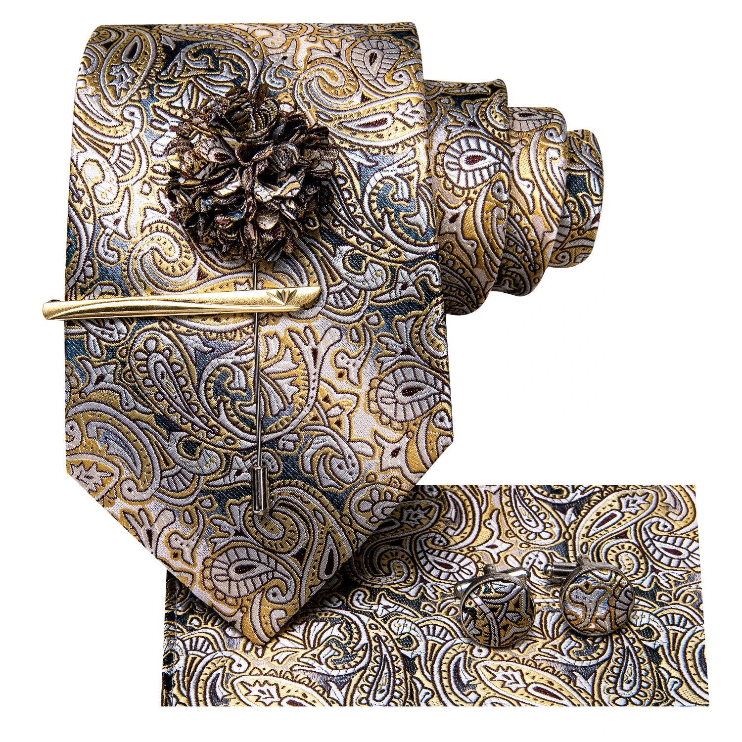 Gravata amarela marrom Paisley para homens, clipe de seda masculino, gravata de luxo, conjunto de abotoaduras, presente de casamento formal