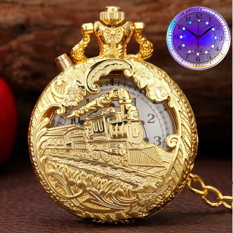Top luxo ouro luminoso led relógio de bolso quartzo trem locomotiva motor steampunk quartzo fob luz relógio presentes para homens