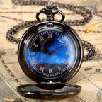 Exquise estrelado azul dial pingente bronze oco caso relógio de bolso de quartzo numerais romanos retro relógios lembrança presente para homens