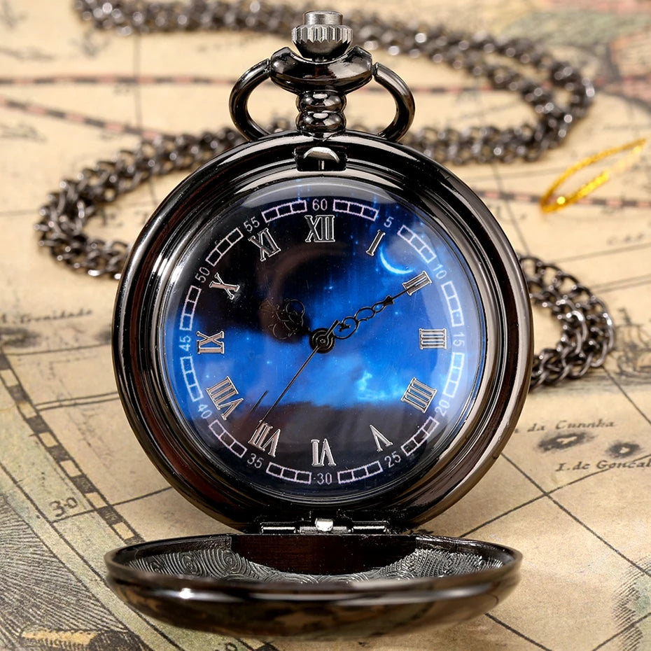 Exquise estrelado azul dial pingente bronze oco caso relógio de bolso de quartzo numerais romanos retro relógios lembrança presente para homens