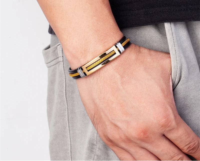 puseira masculina de ouro Pulseiras de aço inoxidável manguito para homens mulher pulseira de borracha preta com corrente 17 19 21cm cinto ajustável homem mão jóias presentes masculino frete grátis