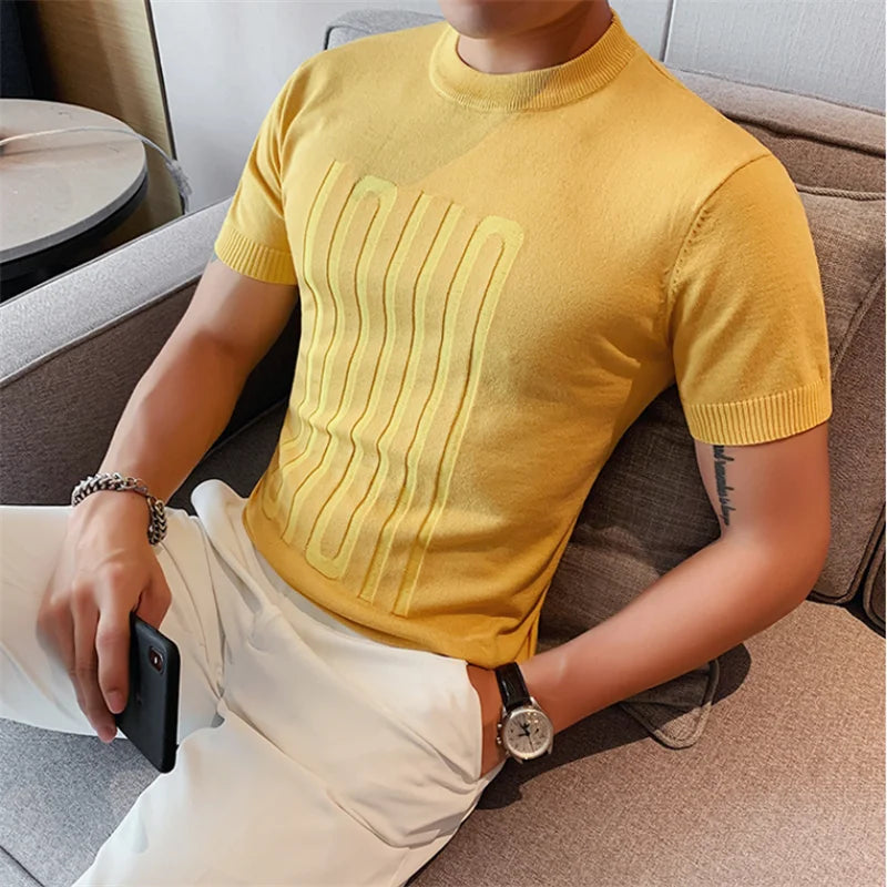 Camiseta de malha de manga curta masculina, listra com decote em O, camiseta justa, monocromática de alta qualidade, roupas masculinas, estilo britânico, moda verão, 6 cores