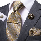 Gravata amarela marrom Paisley para homens, clipe de seda masculino, gravata de luxo, conjunto de abotoaduras, presente de casamento formal